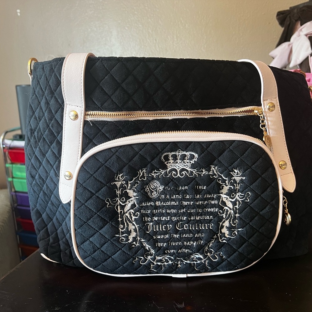 Juicy Couture Black Quilted Tote with Pale Pink Trim and Gold Hardware